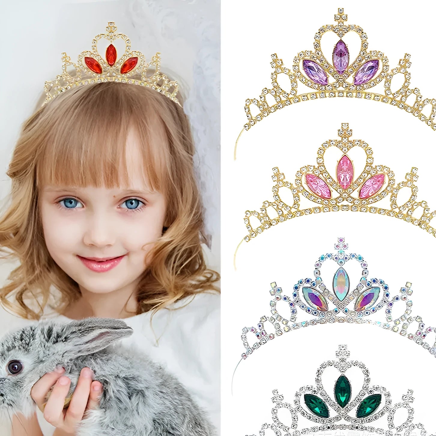 Gold and silver alloy princess crown with coloured diamond decorations for birthday parties