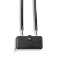 Black detachable wallet leather flip phone case shown open and closed, for Samsung Galaxy Note and iPhone models.