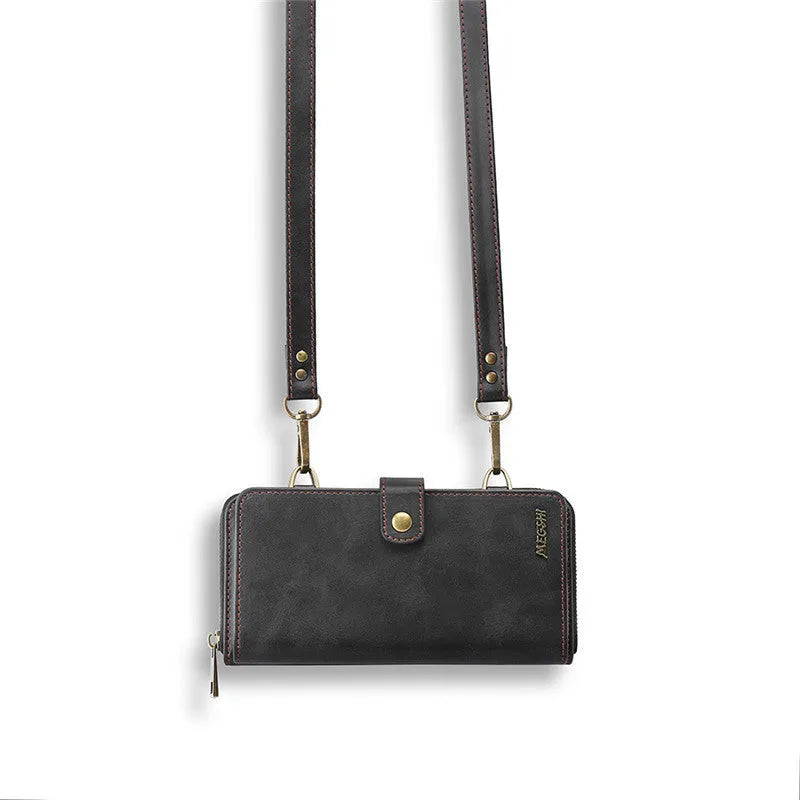 Black detachable wallet leather flip phone case shown open and closed, for Samsung Galaxy Note and iPhone models.