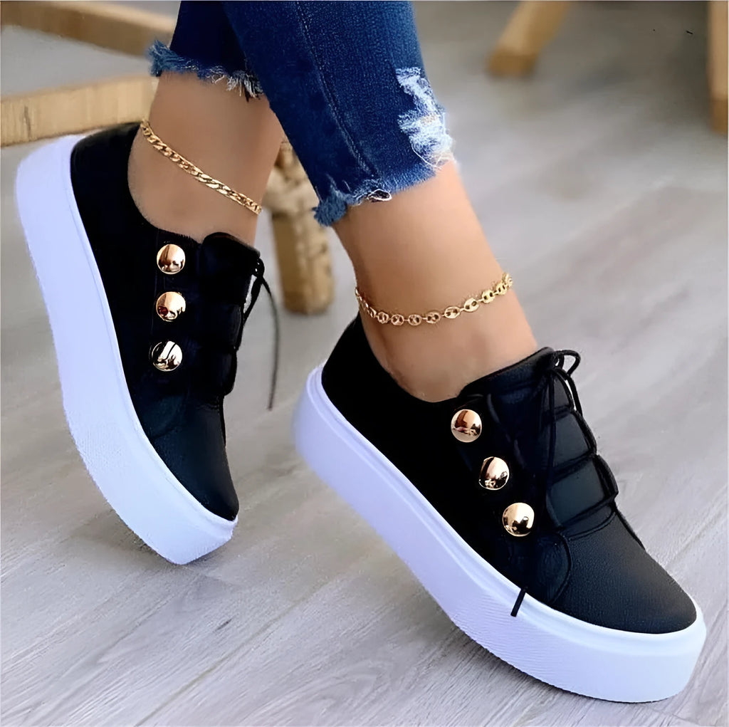 Women's lace-up flats sneakers with rivet detail on round toe artificial PU upper in multiple colour options