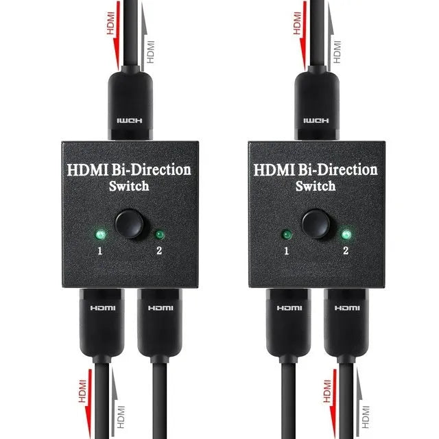 Black plastic HDMI bi-direction switch with 3 HDMI A/F connectors and blue LED indicators