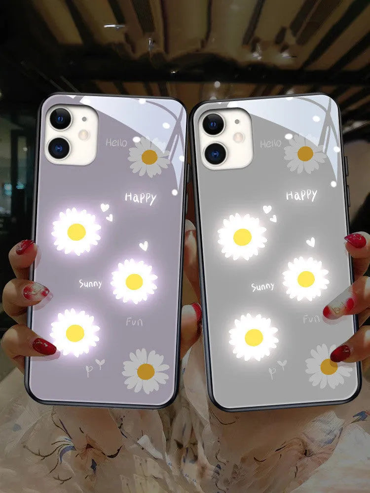 Luminous daisy design iPhone case with voice-activated colour light on an Apple iPhone