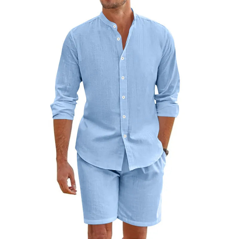 Men's summer short sleeve shirt and drawstring shorts set in hemp blend fabric