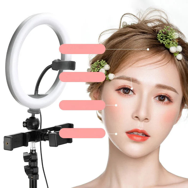 10-inch ring selfie beautifying light mounted on a 19cm metal stand bracket.