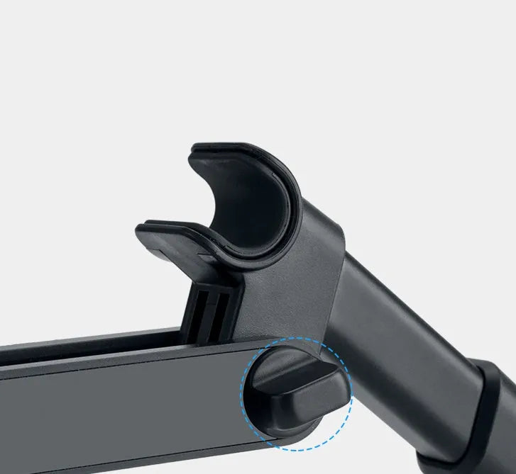 Black car phone holder mounted to rear seat base holding tablet for navigation