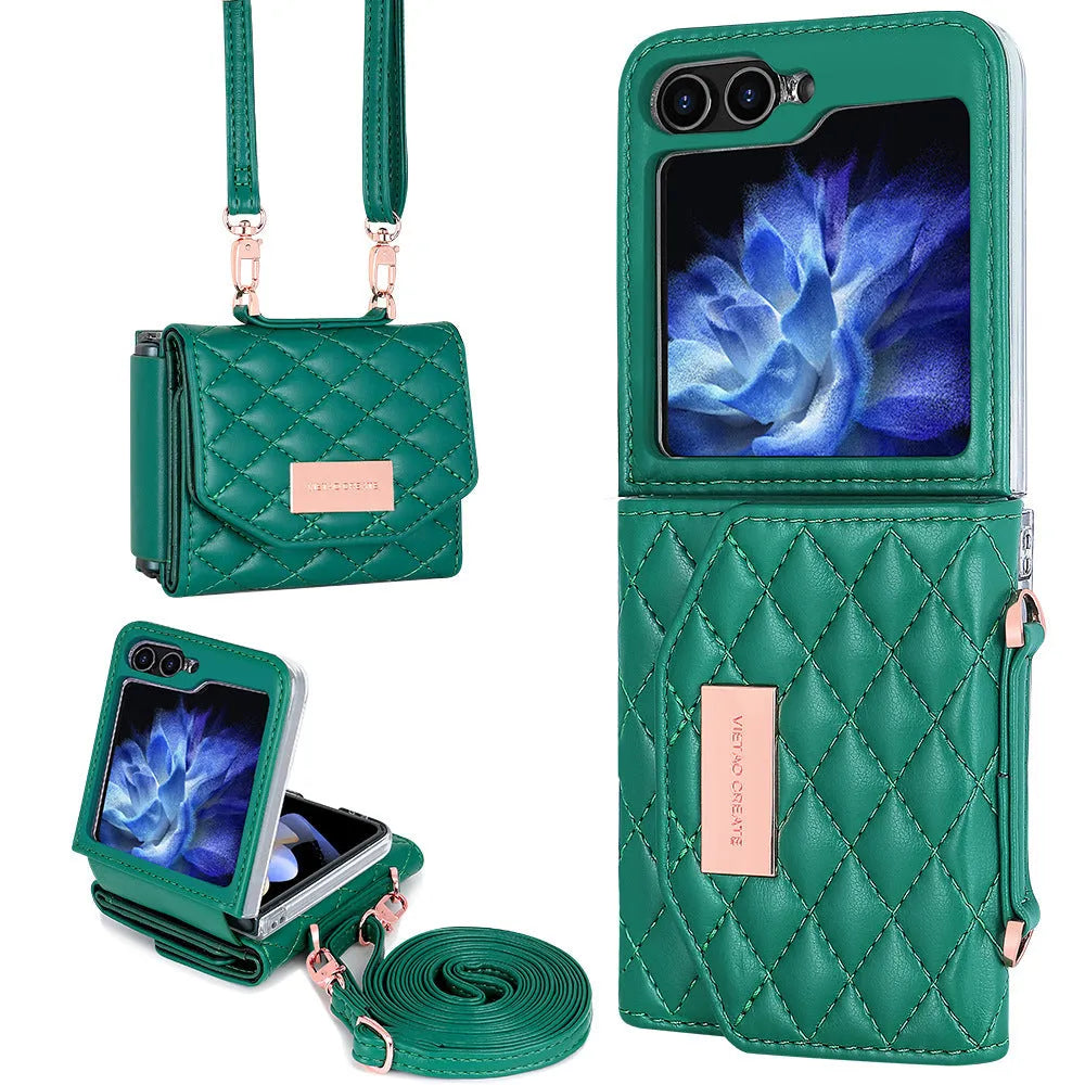Fashion lanyard phone cover for Samsung Z Flip4 Flip5 Flip6 in purple with crossbody strap and card slot