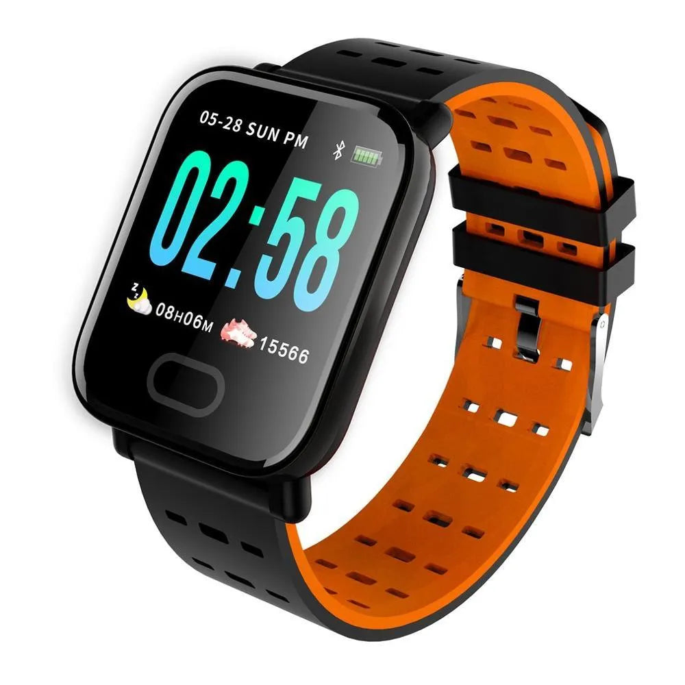 A6 smart bracelet with colour screen and silicone strap in blue, showing heart rate tracking.