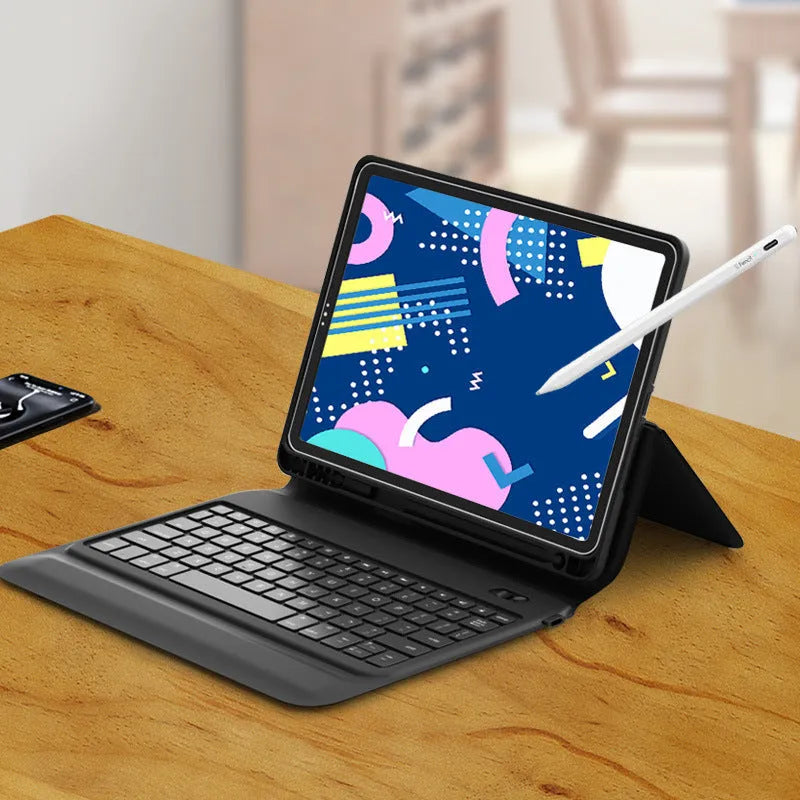 Ultra-thin wireless Bluetooth keyboard leather case for iPad Air and Pro models in black flip style