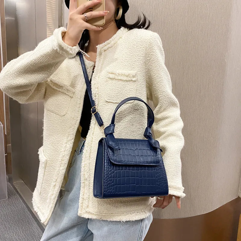 Small square retro armpit bag in PU with stone pattern, magnetic buckle, 120cm strap, Black Blue White Yellow