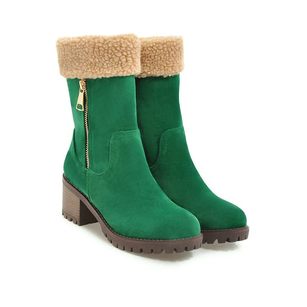 A pair of snow boots with a rubber sole and plush lining, shown in one of four available colours.