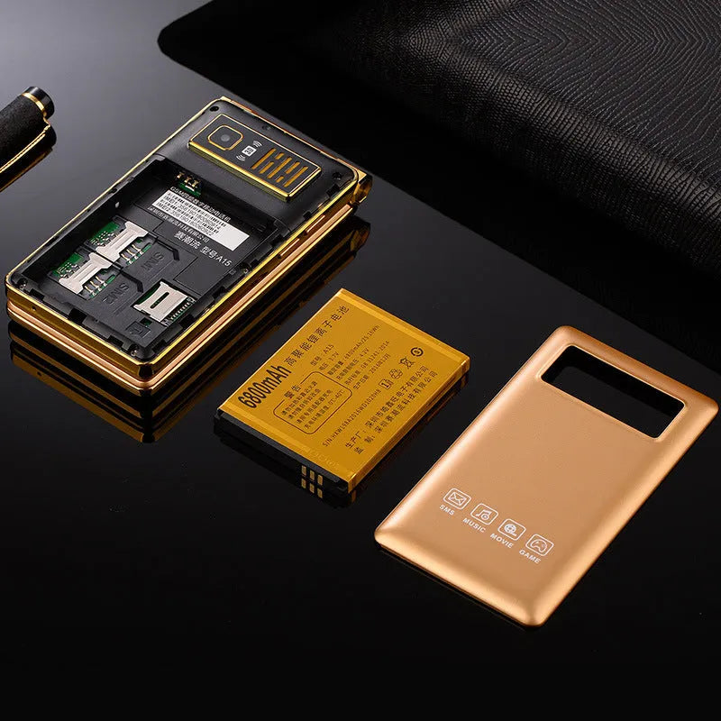 A15 dual screen flip mobile phone showing internal touch screen and external display