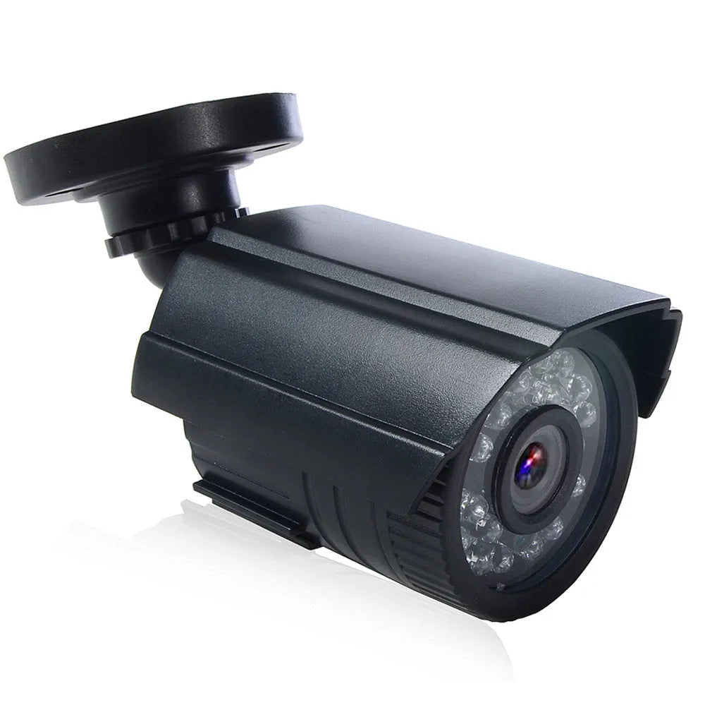 Black AHD HD waterproof outdoor surveillance camera with infrared LEDs for night vision.