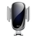 Universal smart car bracket with adjustable arm and suction cup base mounted on car dashboard