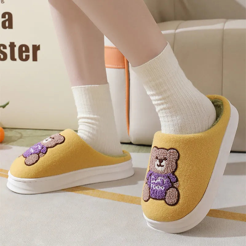 Lovely cartoon bear woolen slippers for women with plush upper and synthetic wool lining in dark blue