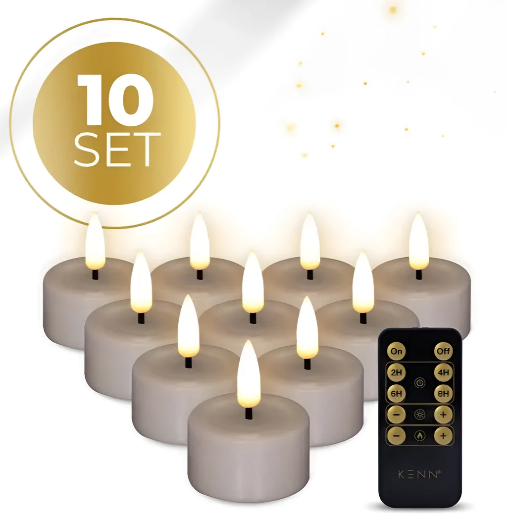 Taupe coloured S10 3D flame LED tealight candle showing flickering light effect.