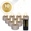 Taupe coloured S10 3D flame LED tealight candle showing flickering light effect.