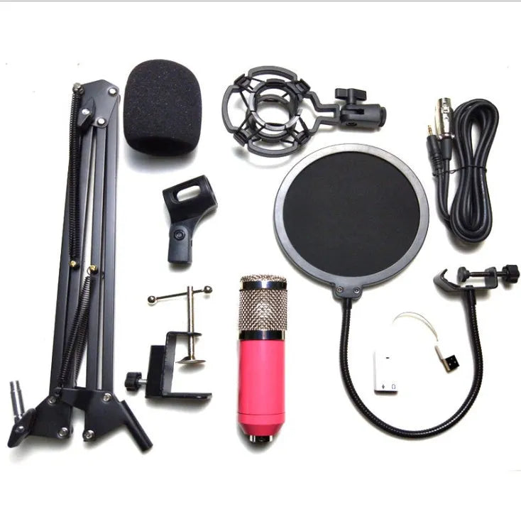 BM-800 condenser microphone on a desktop stand, shown in various colour options including black, silver, and white.