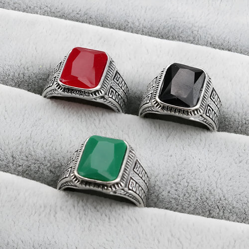 Alloy geometric ring with electroplated finish and artificial gem inlay in ancient silver colour, size 8