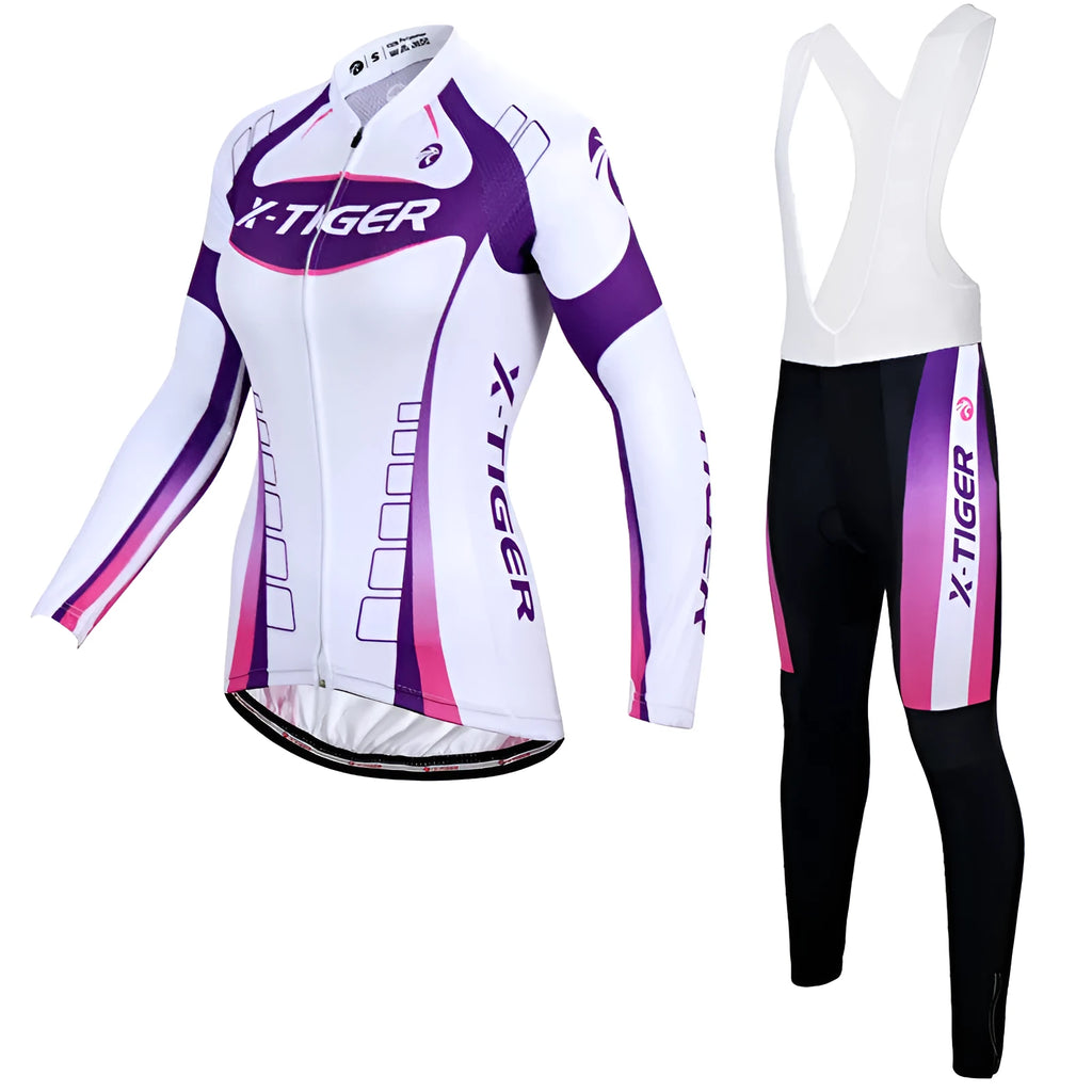 Women's long-sleeved cycling jersey suit in white and purple with full zip and gel pad, autumn riding gear