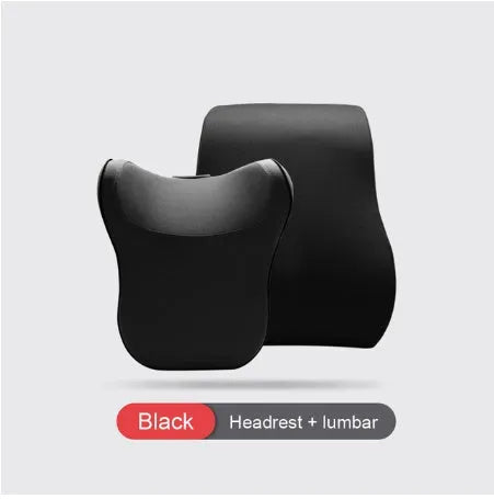 Car headrest and lumbar support cushion set in gray on a car seat