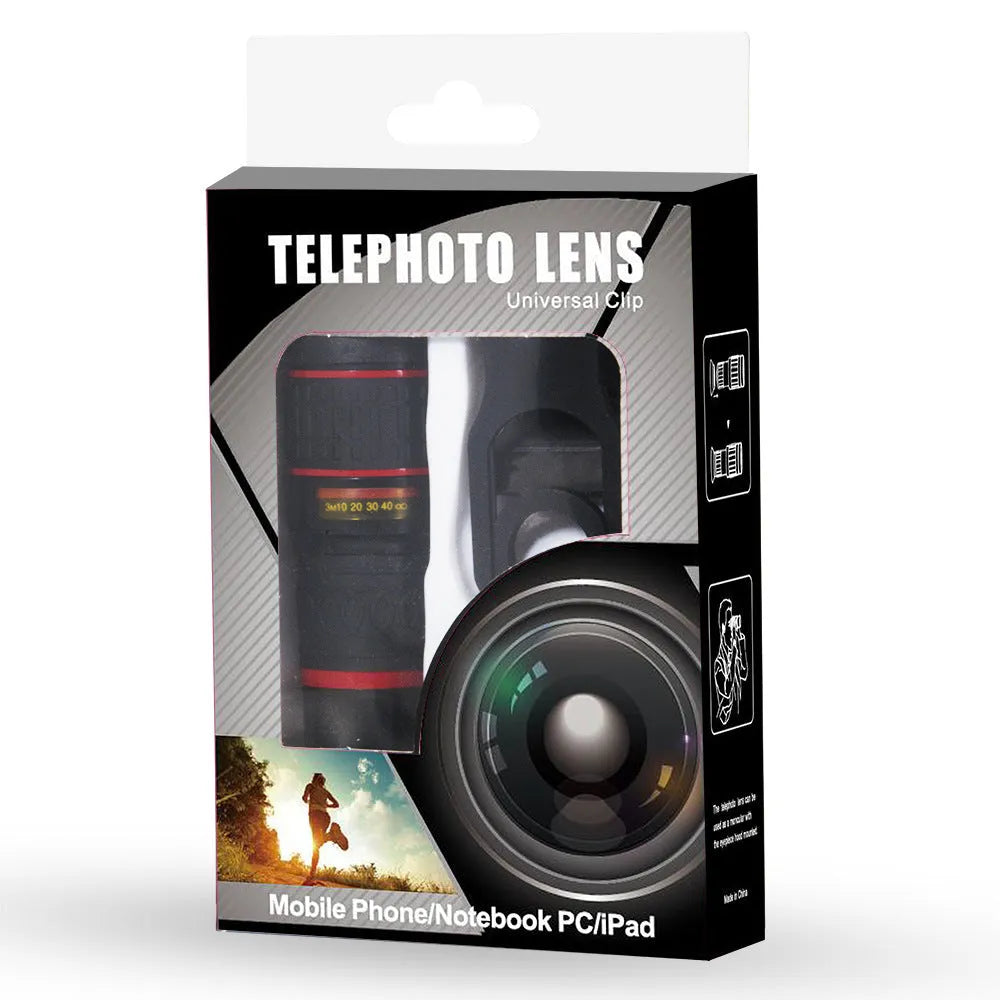 20x magnification mobile phone telephoto lens with universal mounting clip and single eye mask.
