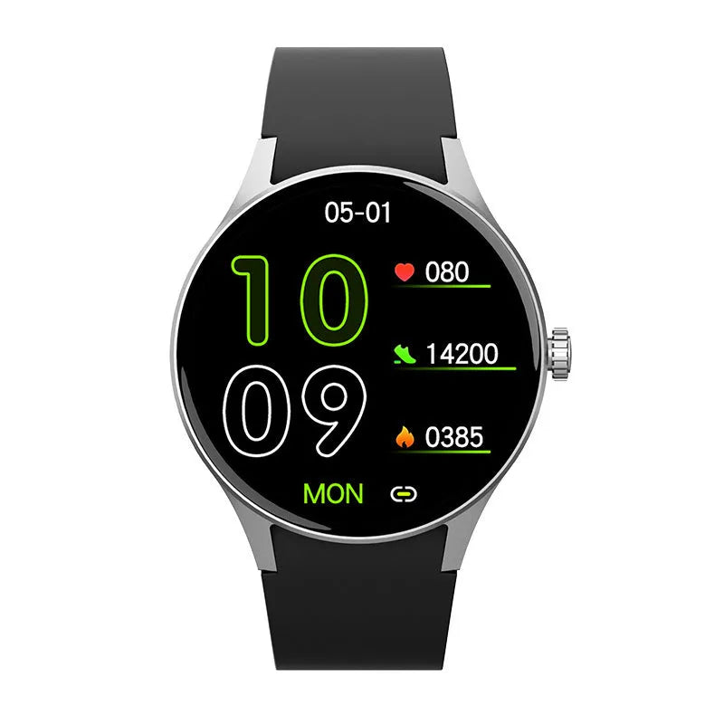 Smart watch with blood sugar detection on wrist, showing AMOLED screen and optional leather strap.