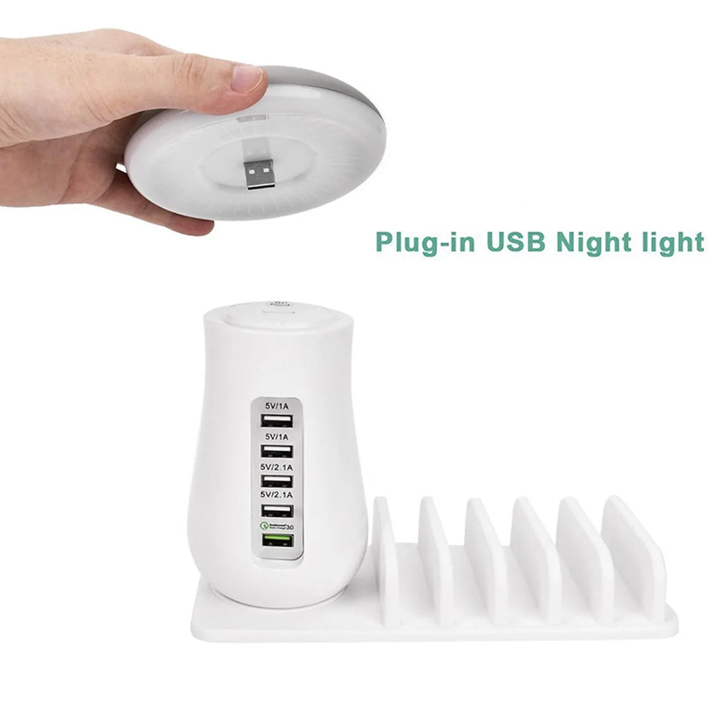 White mushroom-shaped USB charging dock station with five ports and integrated LED night light