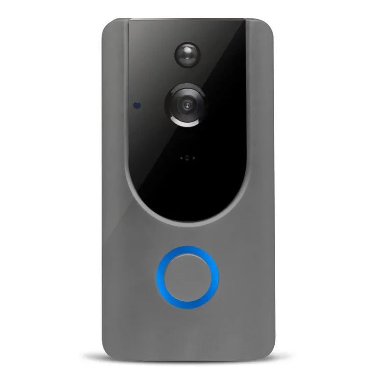 Smart WiFi video doorbell camera in gray with 166° wide-angle lens and visual intercom display