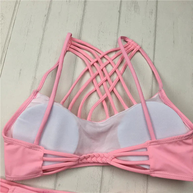 Cut out bikini set in pink or black with halter neck and cross detail, sizes S M L