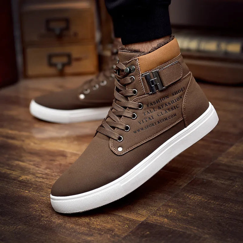 DEKABR men's high top canvas casual shoes in brown with fur lining and rubber outsole