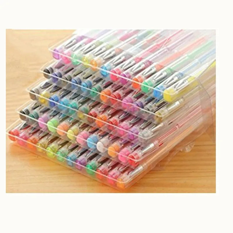 100-colour gel pen set showing assorted colours with watercolour and highlighter tip options