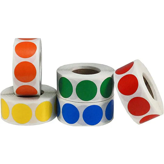 Roll of 500 chroma label colour code point labels, 2.5cm self-adhesive stickers with permanent glue in ten colours