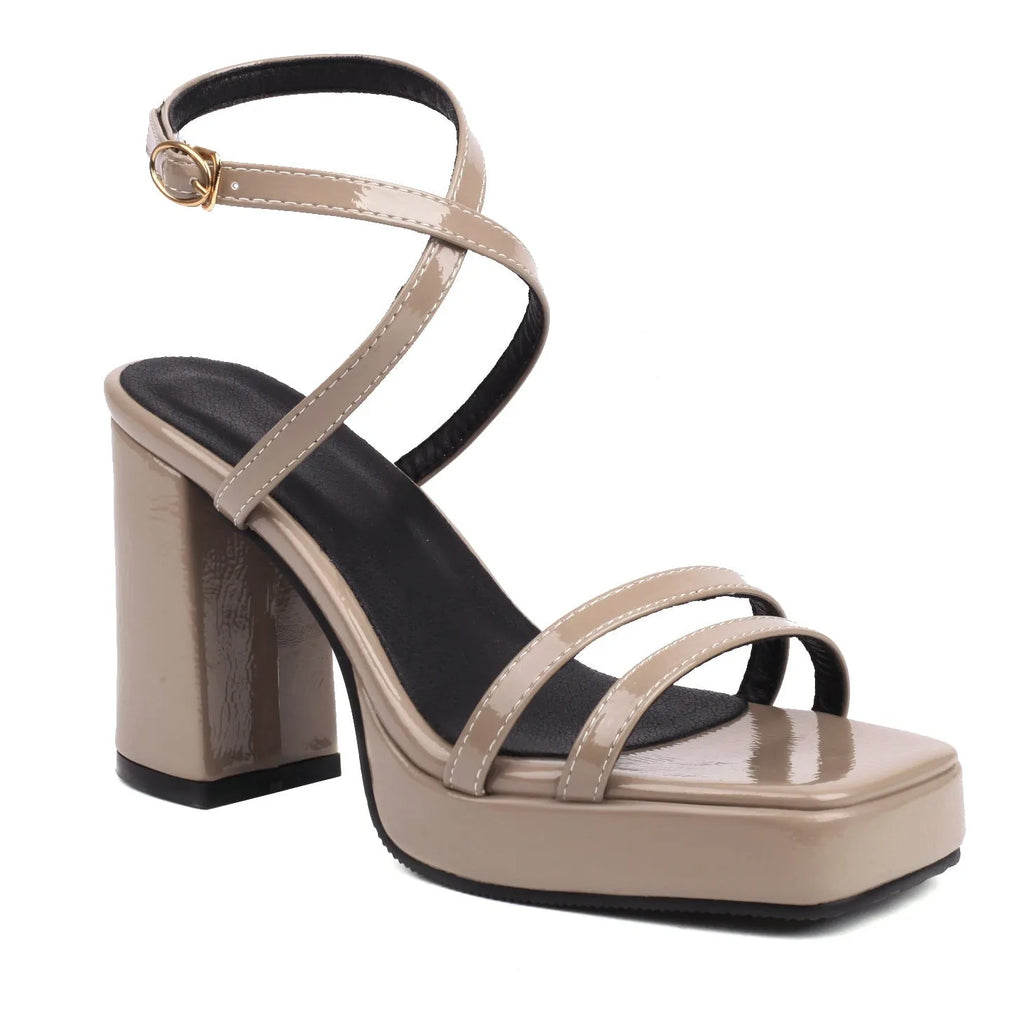 Square toe high heels with thin strap buckle and wide strap, microfiber upper, six colours, sizes 35-43