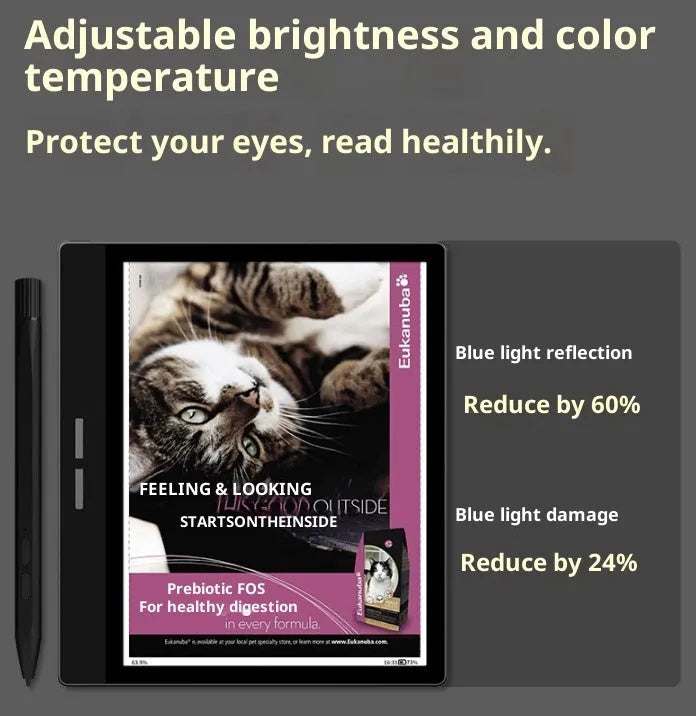 7-inch colour e-ink smart office e-book reader in black with capacitive stylus showing screen with reading content