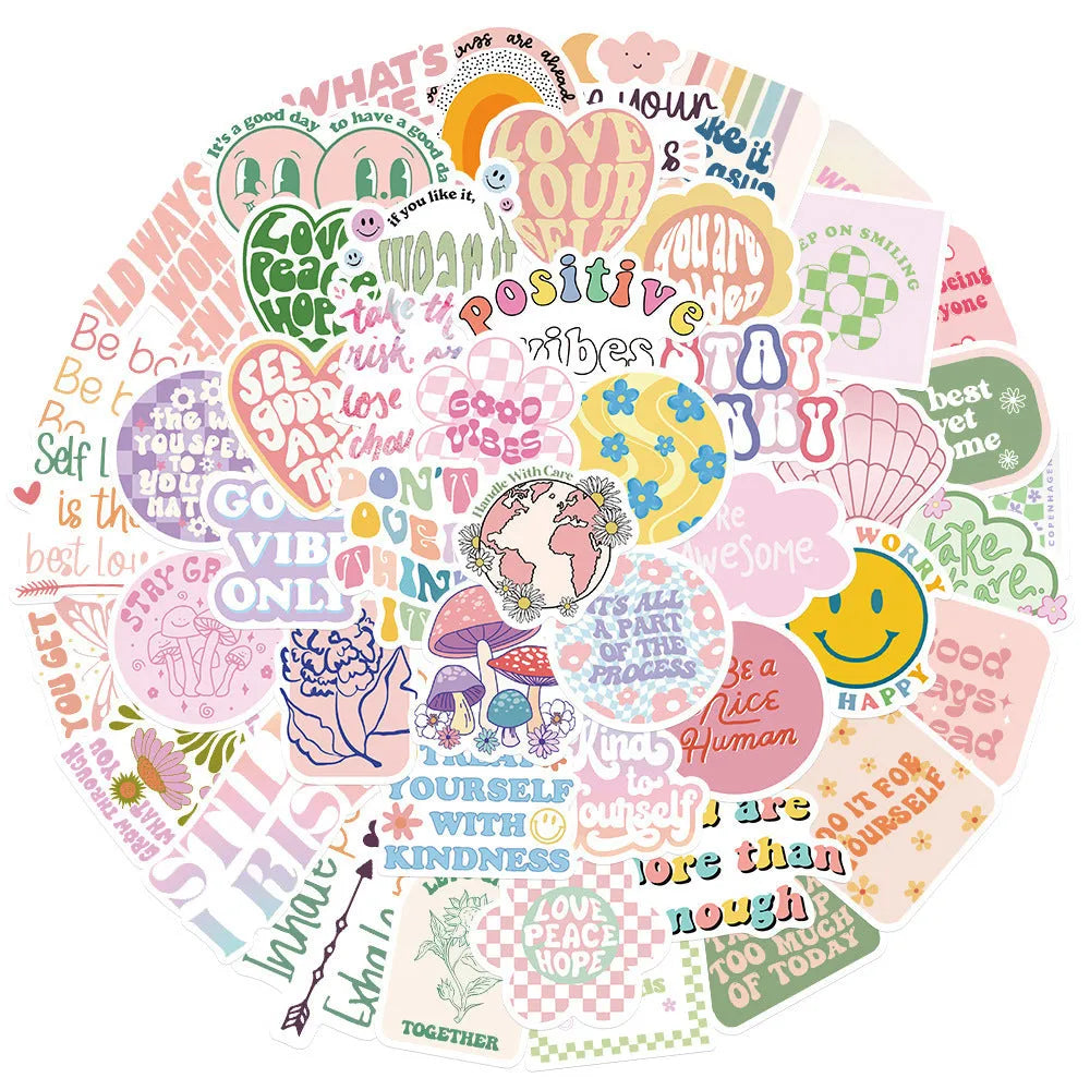 Danish pink motivational statement stickers, self-adhesive, 4-6cm, 50 pack for laptops, guitars, luggage and trolley cases.