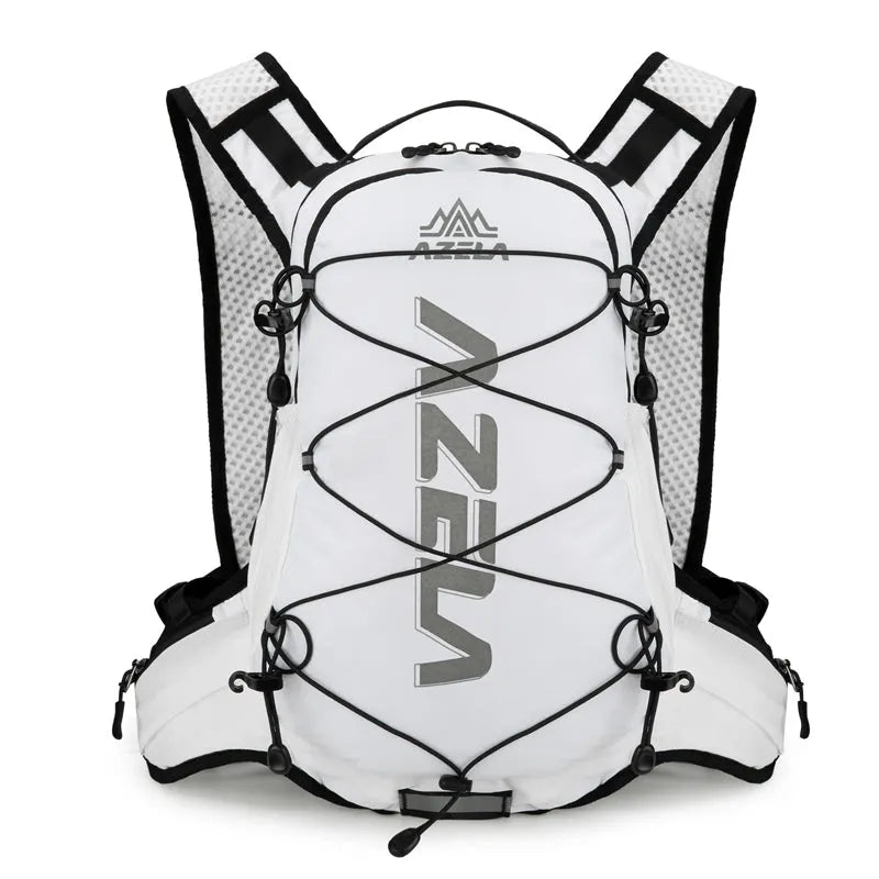 AZELA Reflective Lightweight Cycling Backpack in black and green with breathable mesh back panel and hydration hose