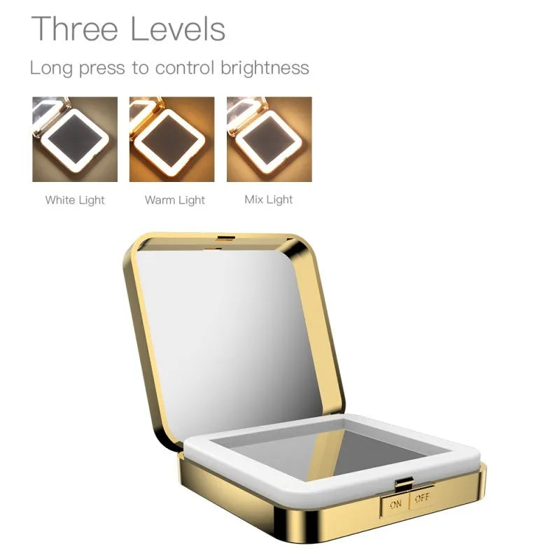 Black and white lighted vanity makeup mirror showing 4x magnifying side and regular mirror with adjustable LED lights.