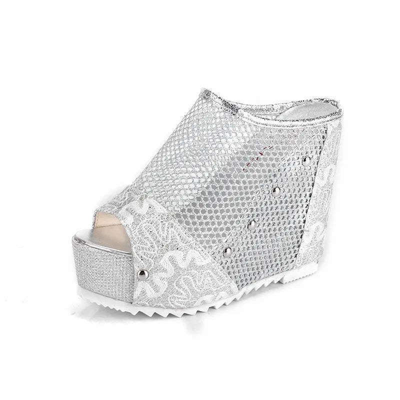 Korean women's platform flip flops with hollowed heel and chunky sole in black, gold, and silver colours.