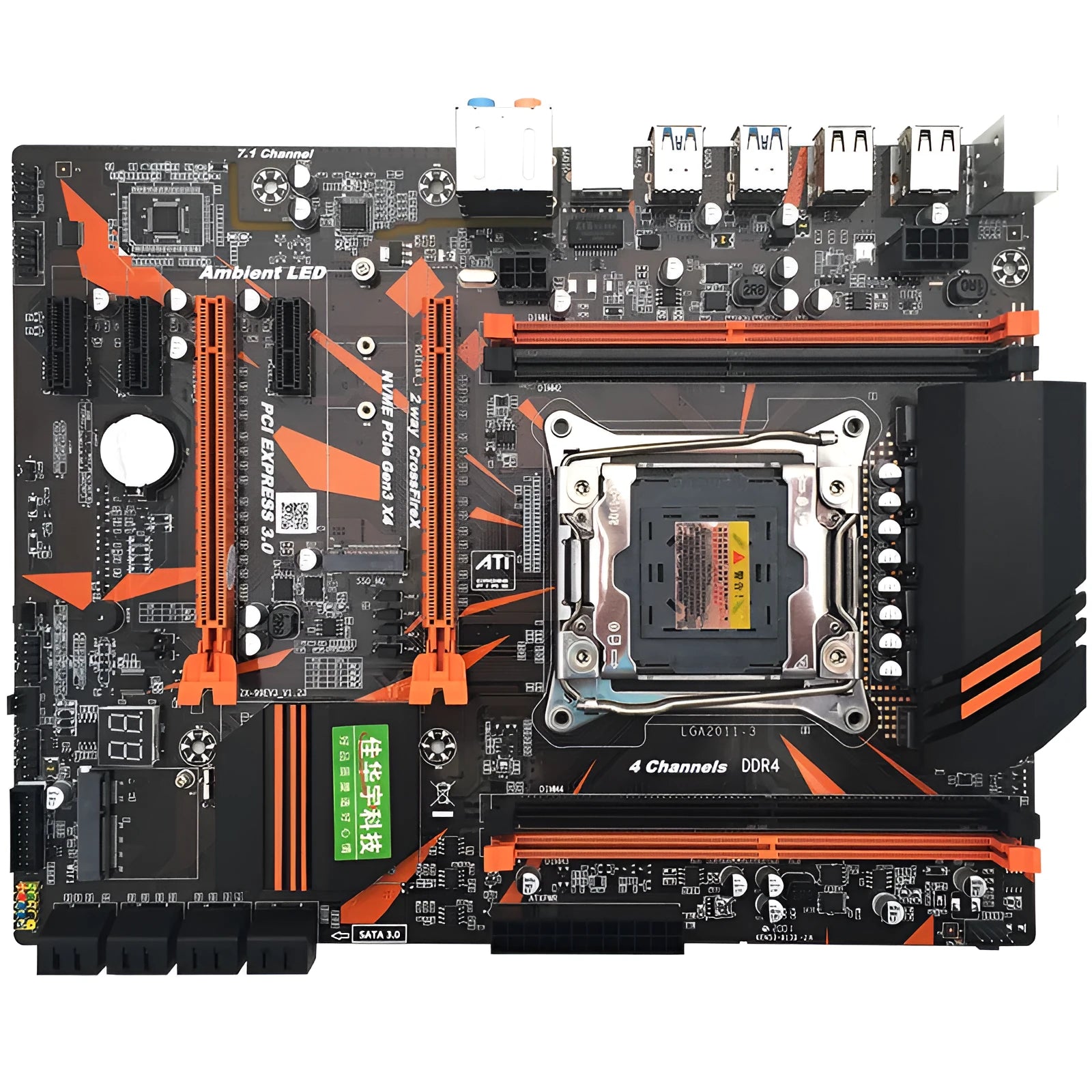 X99 series desktop motherboard with LGA2011-3 socket, four DDR4 slots, PCI-E x16 slots, and M.2 interface.