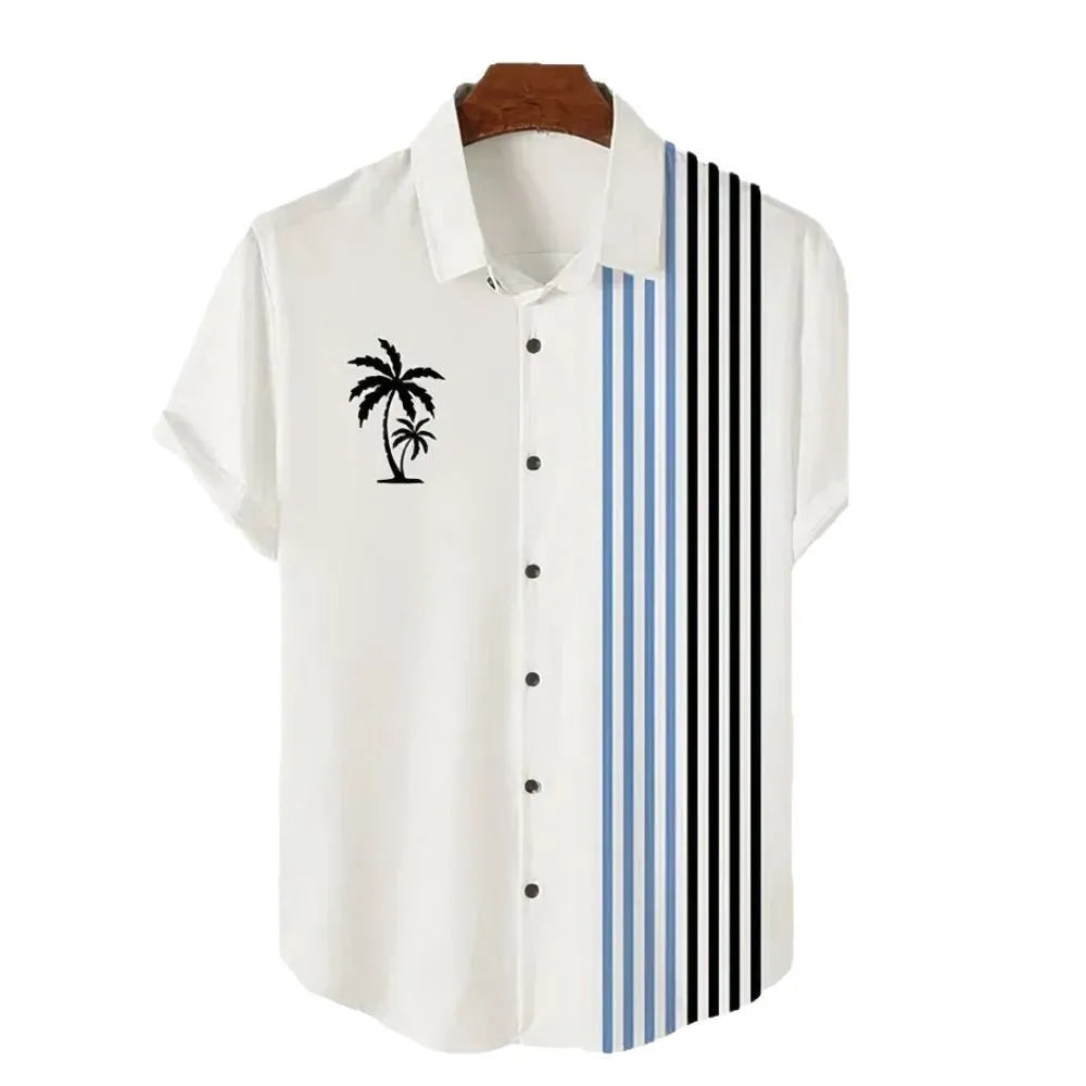 Men's short-sleeved Hawaiian shirt with a colourful 3D printed pattern, on a mannequin.