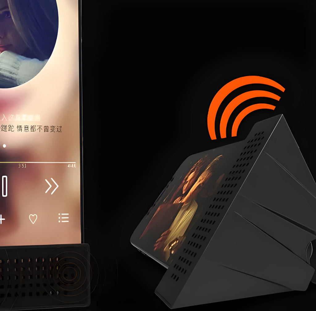 Mini black mobile phone amplifier bracket holding iPhone on desktop surface