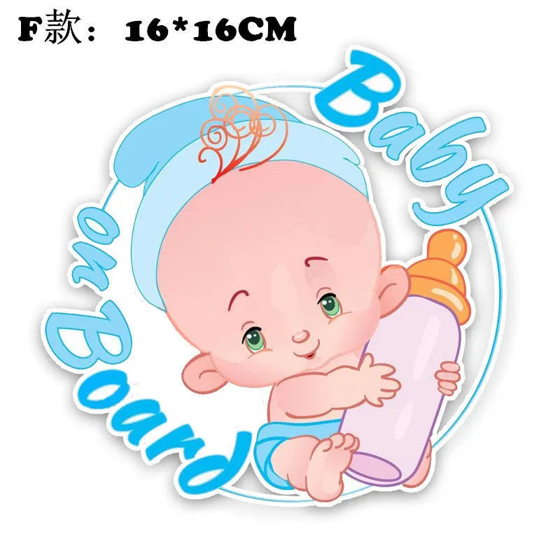 Baby on Board reflective car stickers showing baby and bottle designs in PET material for vehicle safety