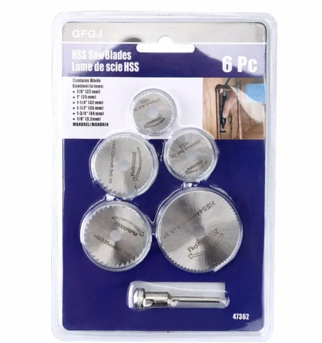 Six circular saw blades with mandrel for woodworking tools