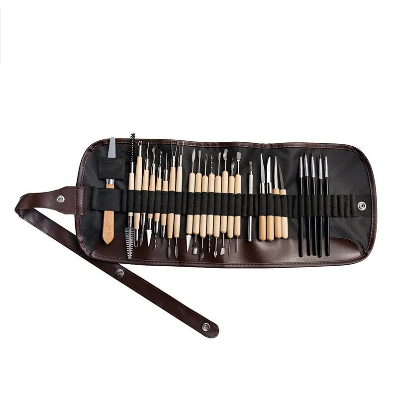 27-piece pottery clay tool set with wooden, stainless steel, and plastic tools in OPP storage bag