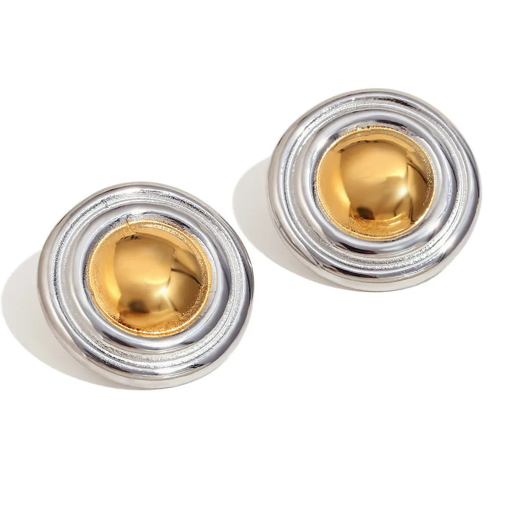 Gold tone electroplated stainless steel jewellery set with geometric shapes including earrings, bracelet and necklace