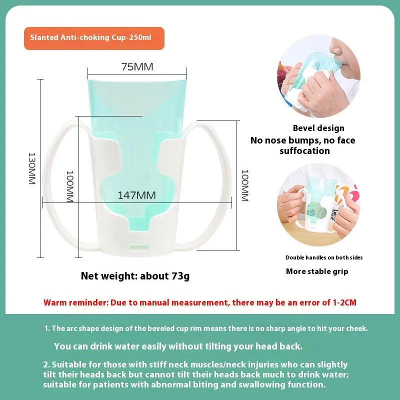 Oblique mouth choke-proof drinking cup for elderly and pregnant users in bed, with optional wrist splint handle.