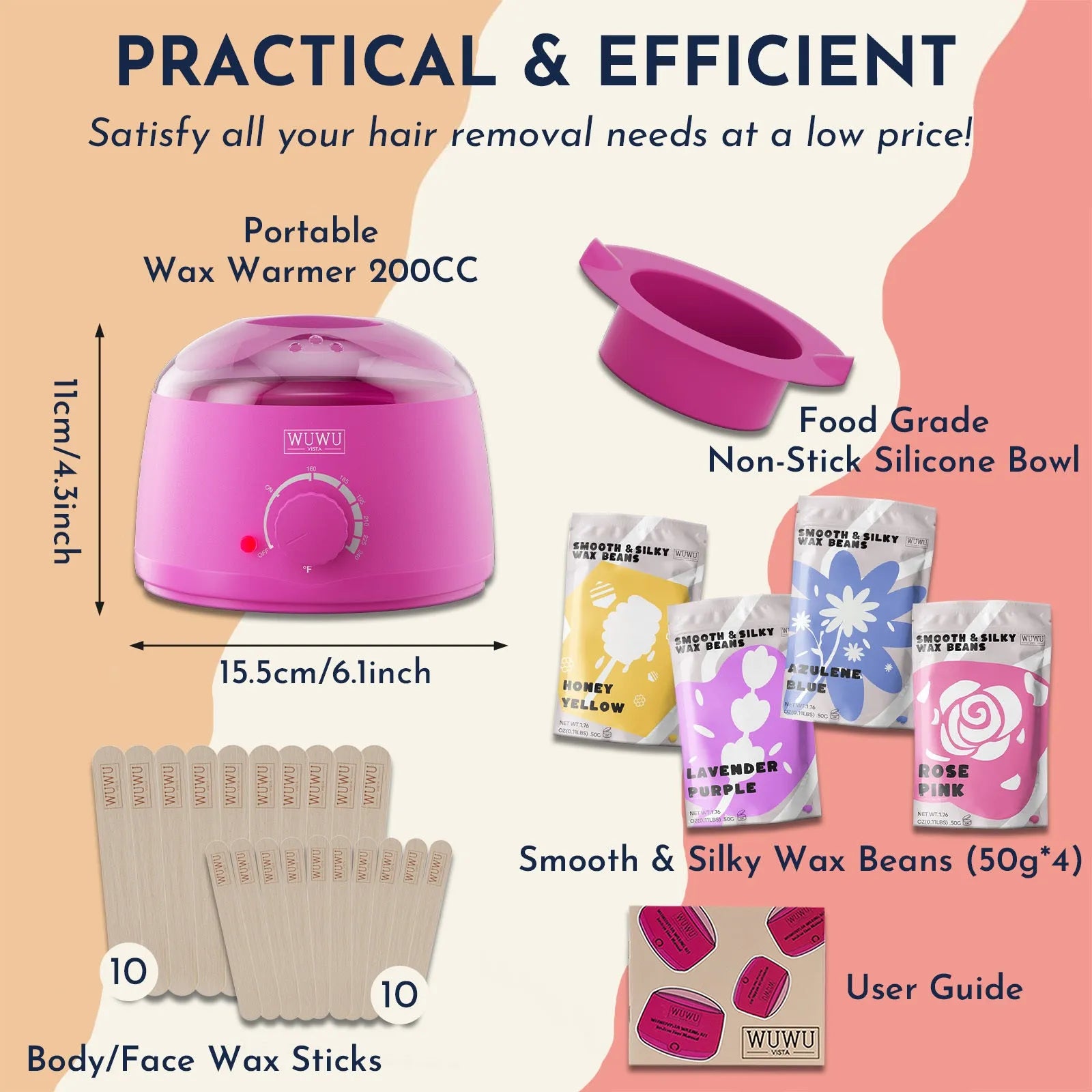 WUWUVISTA 27-piece hair removal wax kit with heater, four coloured wax pots, and applicator sticks on a table.
