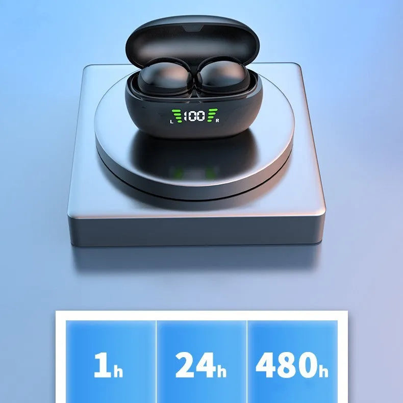 Super mini wireless Bluetooth-compatible in-ear headset in black with digital display screen and charging cable