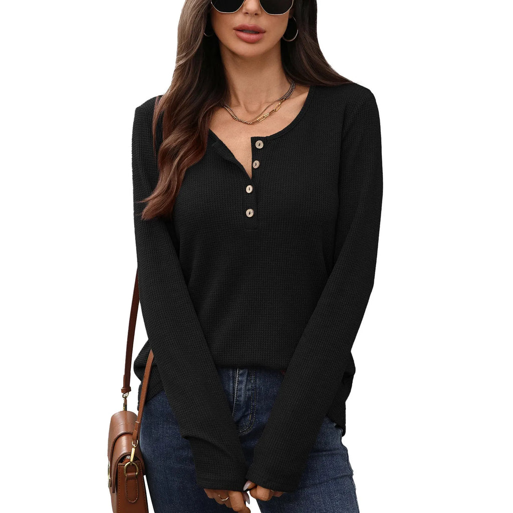 Women's waffle knit long sleeve top with round neck and button detail in solid colour, loose fit