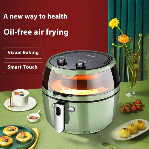 8-litre capacity air fryer oven with mechanical buttons and visible cooking window
